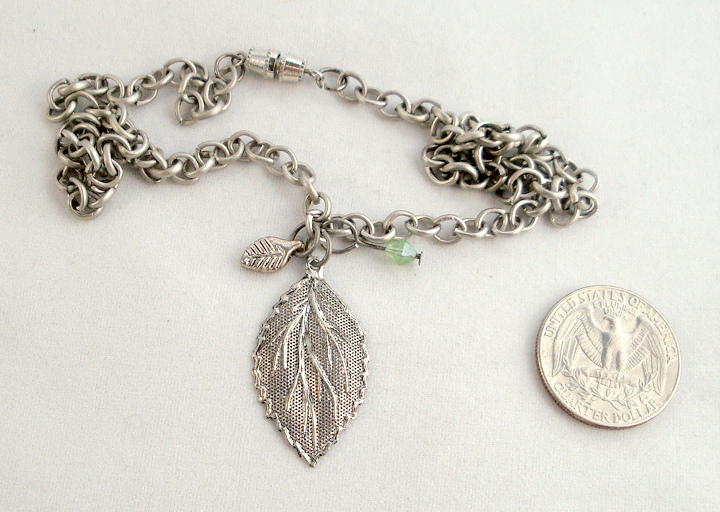 1 3/8 long Leaf pendant with green