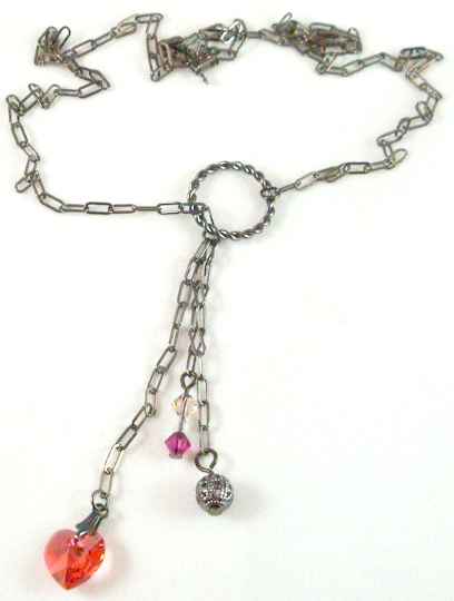 Gunmetal lariat style necklace: blue, green, pink, yellow