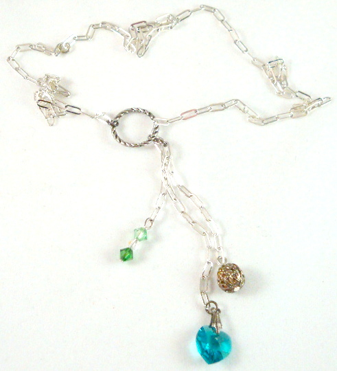 Silver lariat style necklace: blue, green, pink, yellow