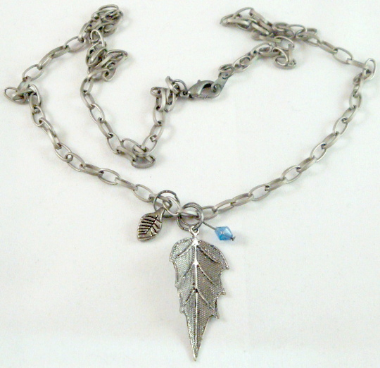 1 3/8 long Leaf pendant with blue