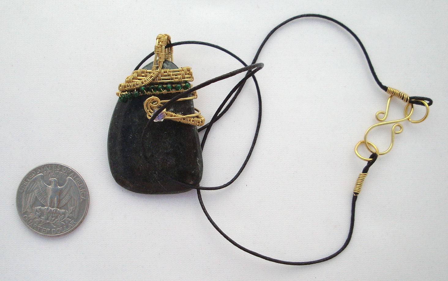 Dark green stone wrapped with bronze wire 2